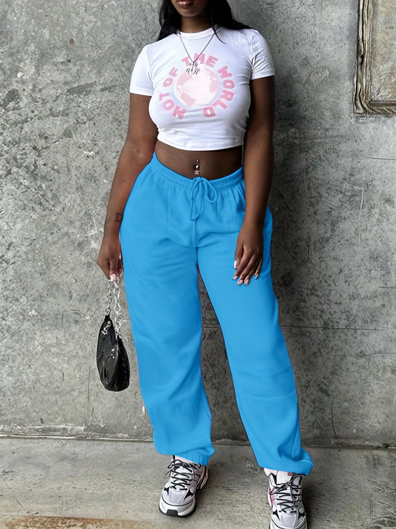 Solid Elastic Drawstring High Rise Joggers