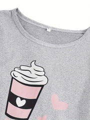 Ice Cream & Plaid Pajama Set Short Sleeve Crew Neck Top & Pants