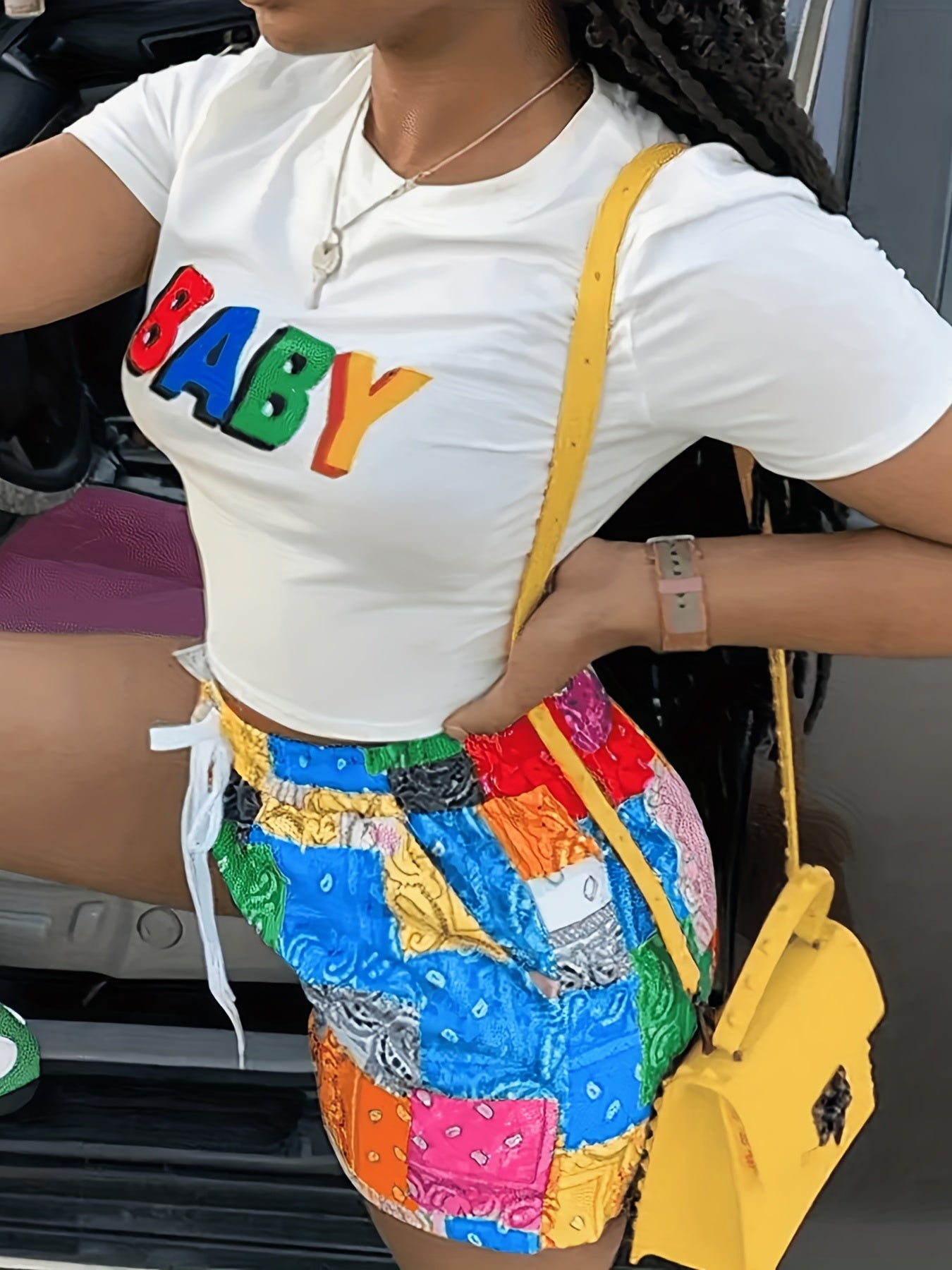 Rabbit Print Short Sleeve Crop Top & Shorts 2 Piece Set
