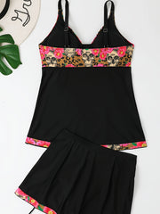 Gothic Tankini Set Floral Skull & Leopard Print V Neck Cami Top & Draw