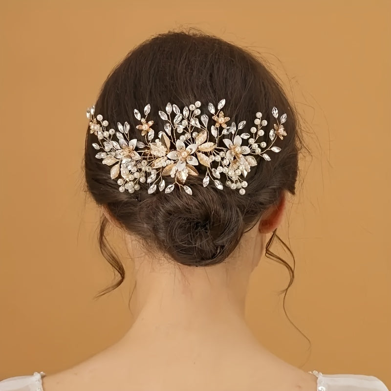 Leaf Flower Bride Wedding Hair Comb Faux Pearl Bridal Hair Piece Crystal