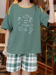 Cartoon Print Lounge Set & Plaid Shorts Women's Loungewear