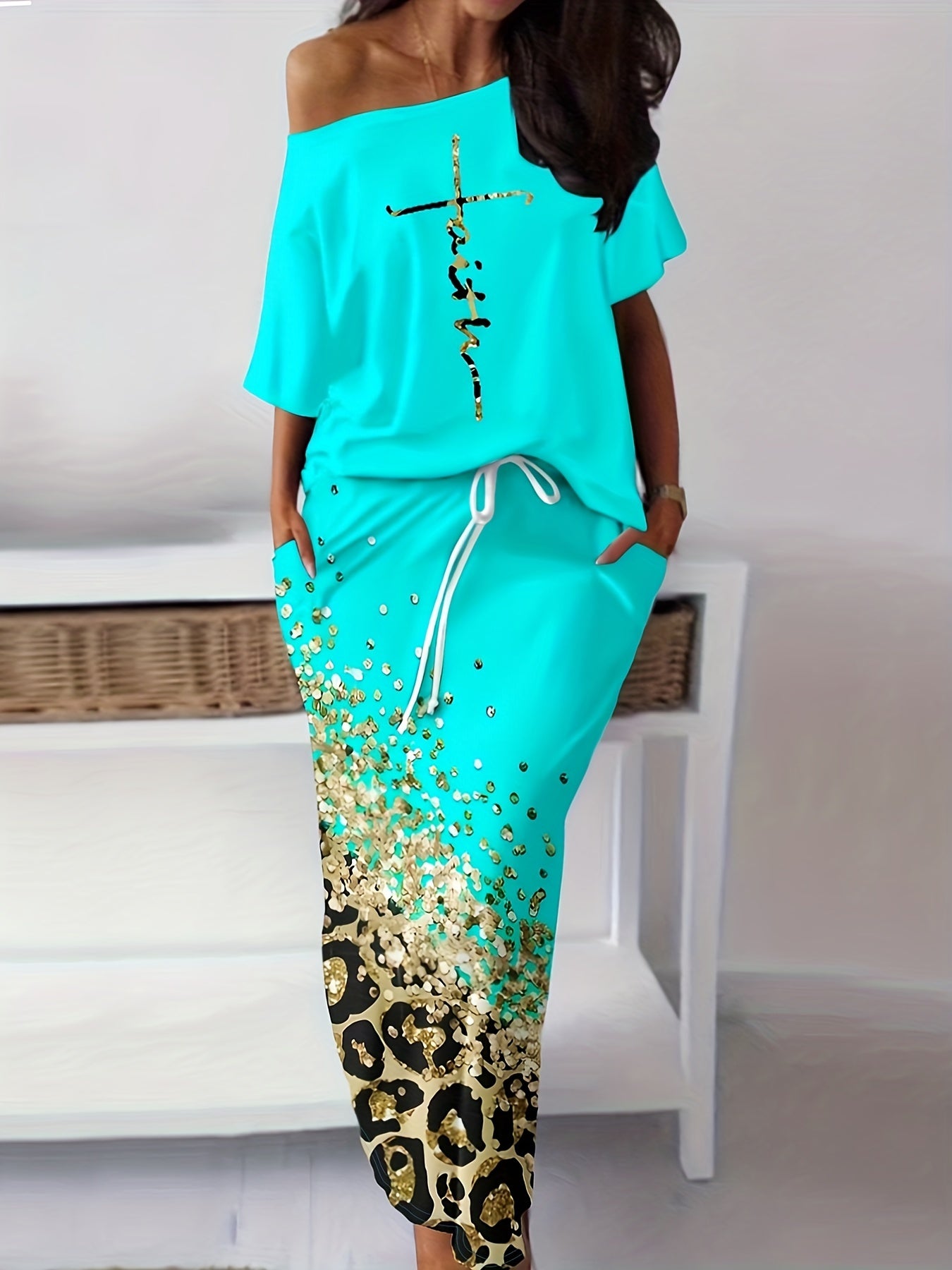 Casual Two Piece Skirt Set - Letter Print Top & Leopard Print Skirt