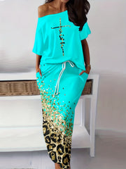 Casual Two Piece Skirt Set - Letter Print Top & Leopard Print Skirt