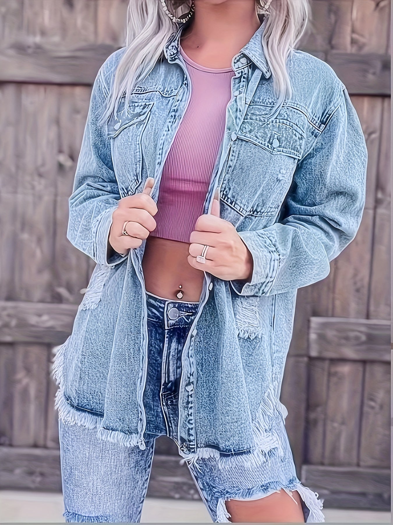 Casual Denim Top Women's Washed Ripped Button Up