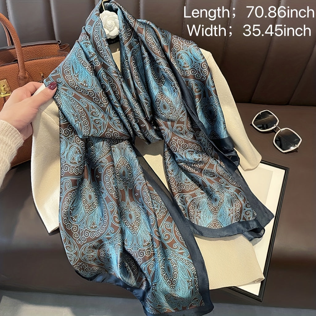 Vintage Floral Print Large Scarf Dark Green Satin Shawl Silk