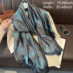 Vintage Floral Print Large Scarf Dark Green Satin Shawl Silk