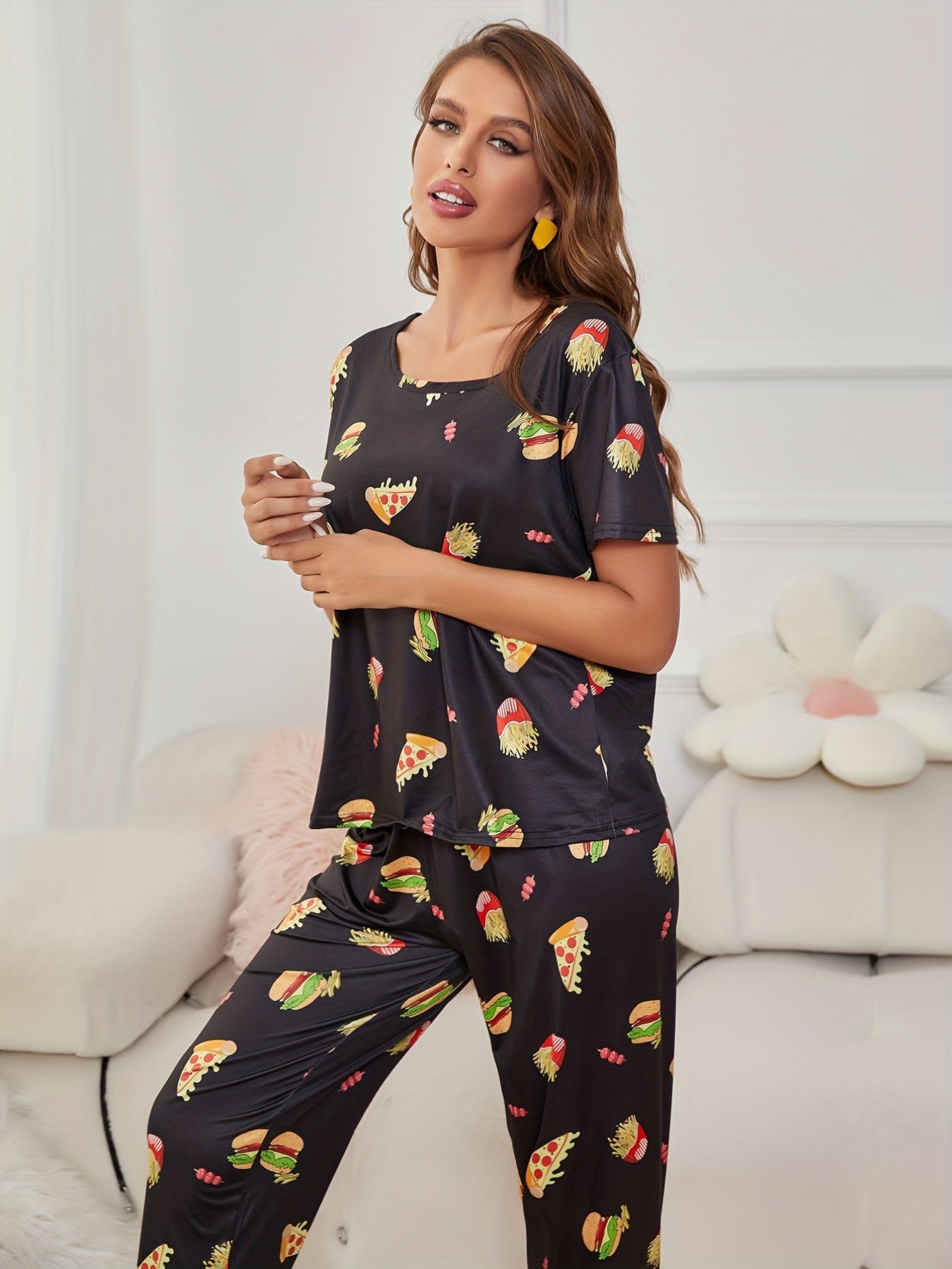 Cartoon Food Pajama Set Short Sleeve Top & Pants
