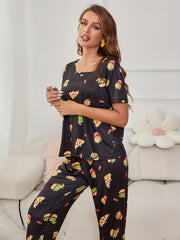 Cartoon Food Pajama Set Short Sleeve Top & Pants