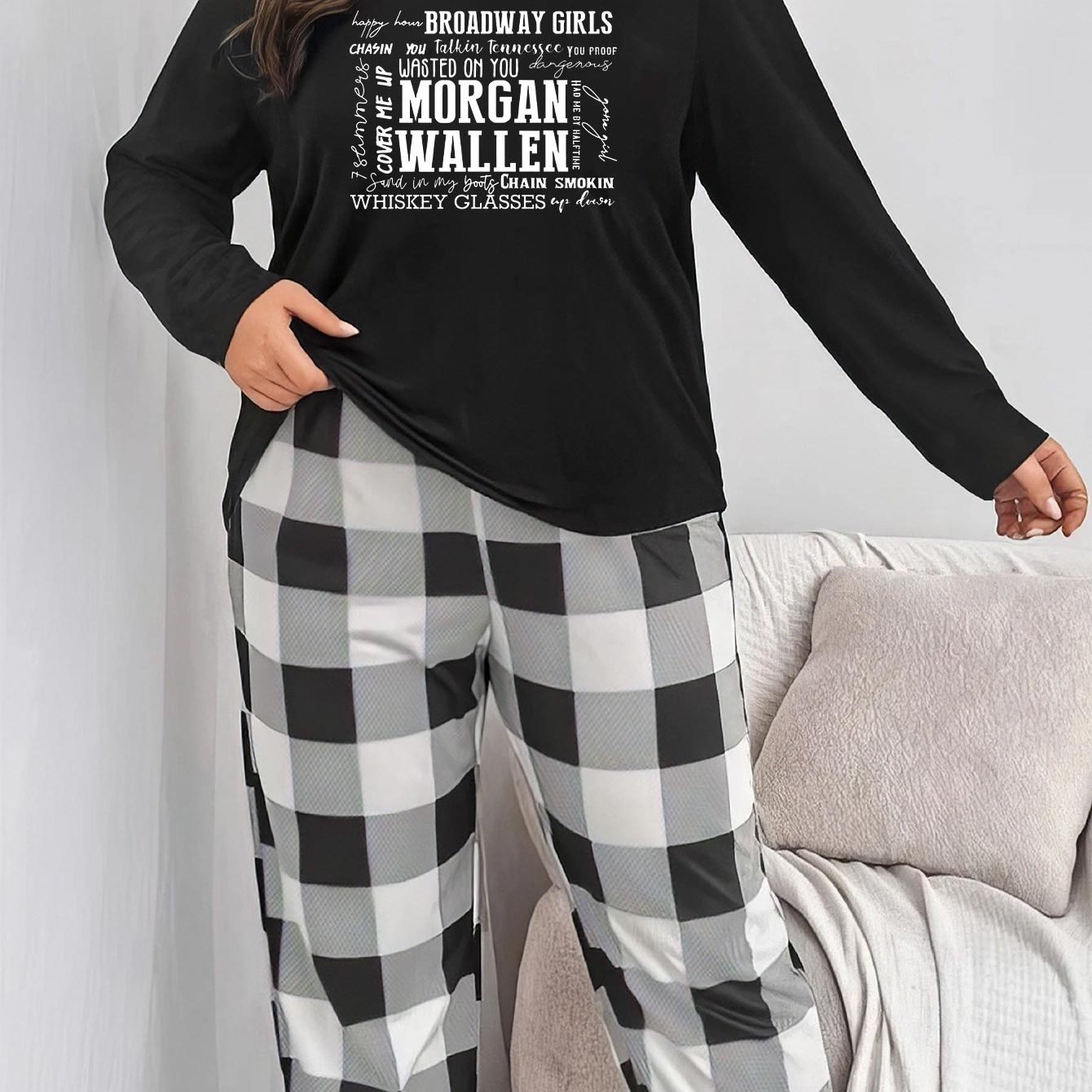 Graphic Tee & Plaid Pants Pajama Set