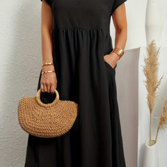 Casual Dress Solid Round Neck Cap Sleeve Midi Dress With Pockets