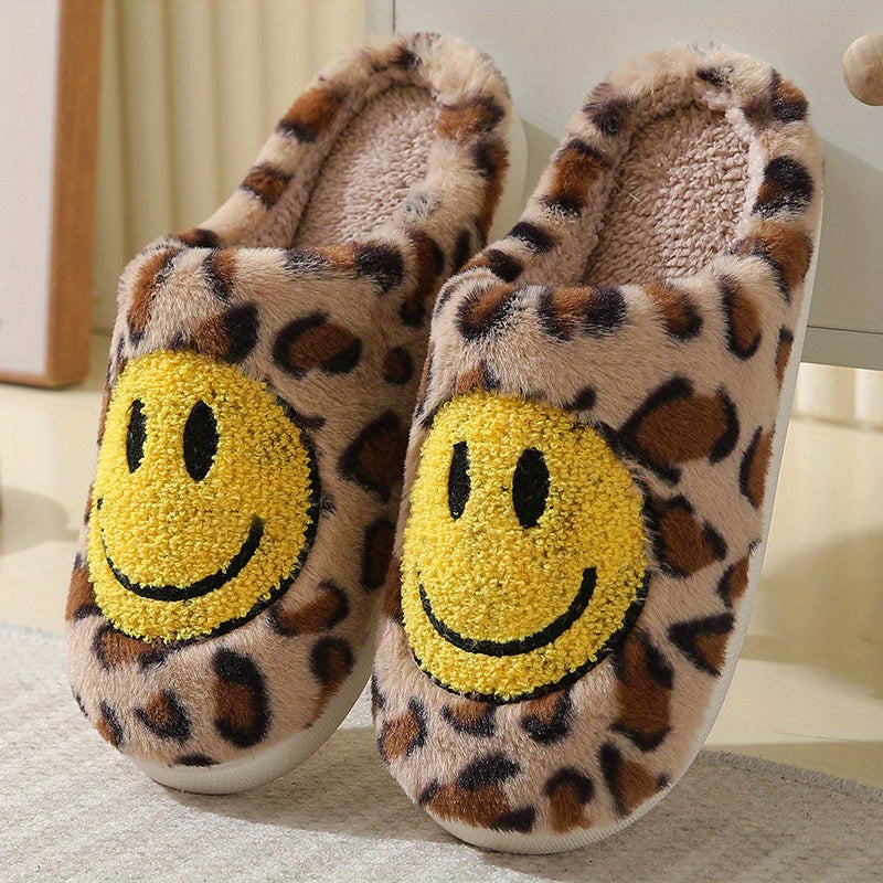 Women's Smile Face Pattern Slippers Leopard Print Plush Lined Shoes