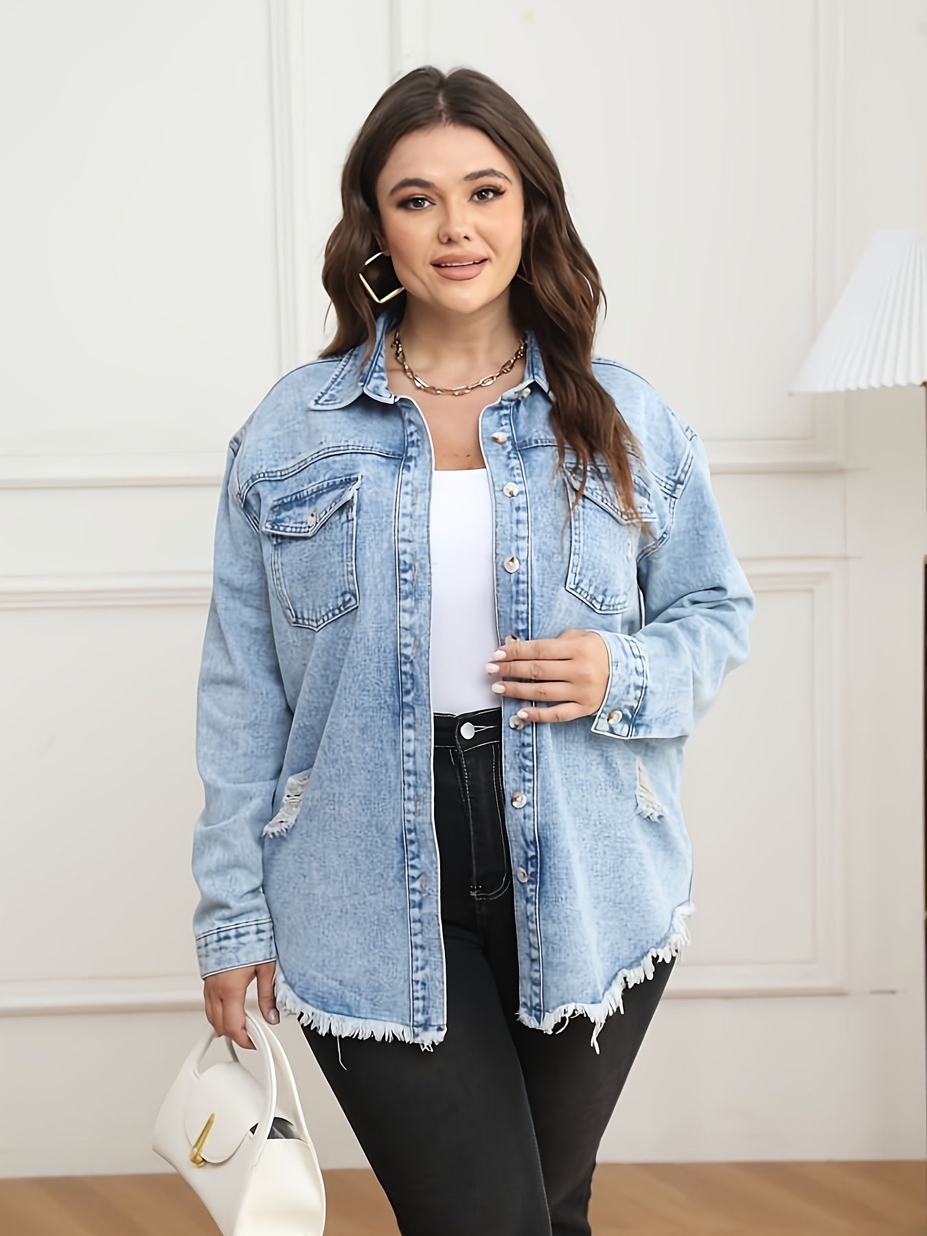 Casual Denim Top Women's Washed Ripped Button Up