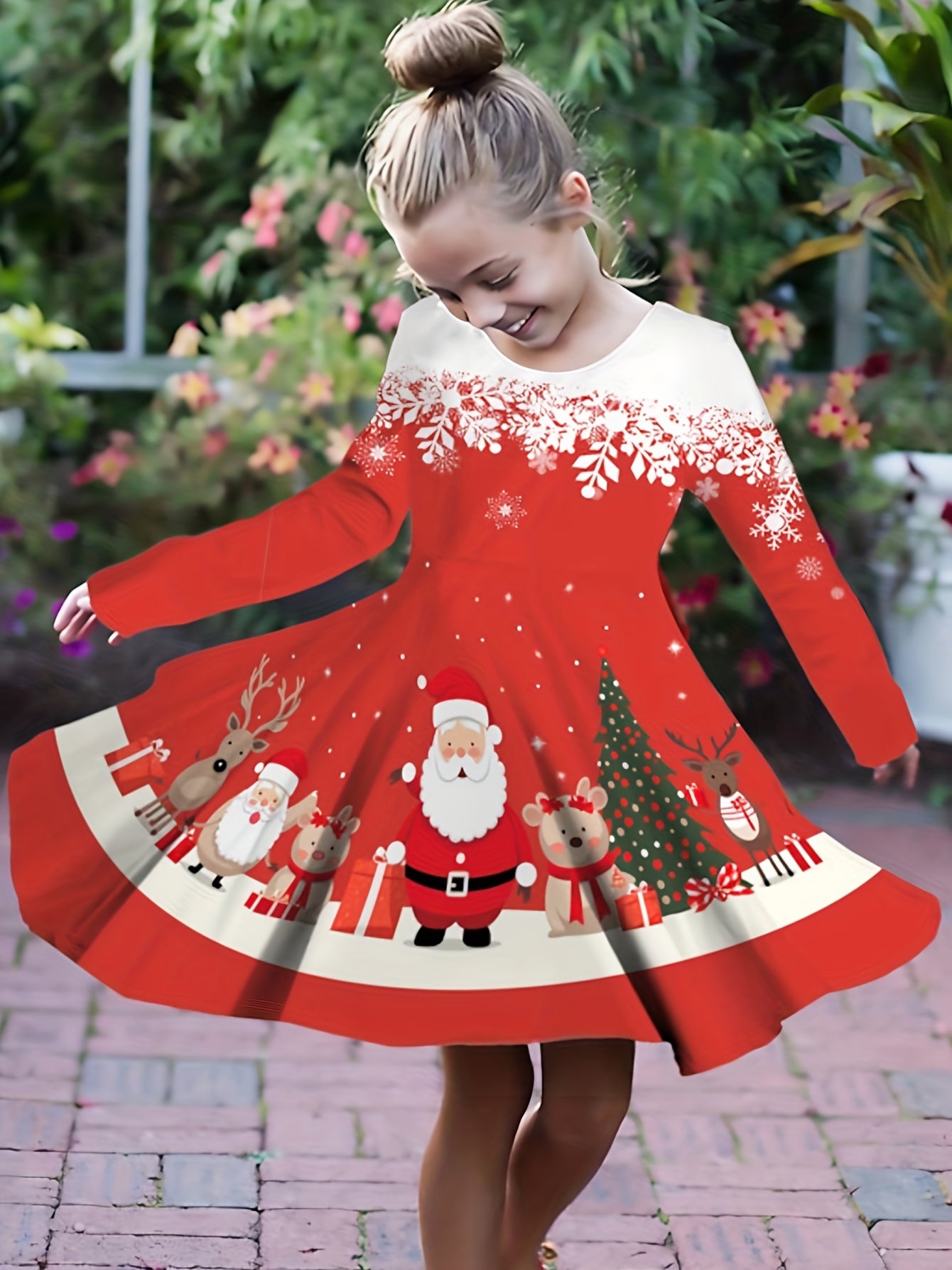Girls Sweet Santa & Christmas Tree Long Sleeve Dress