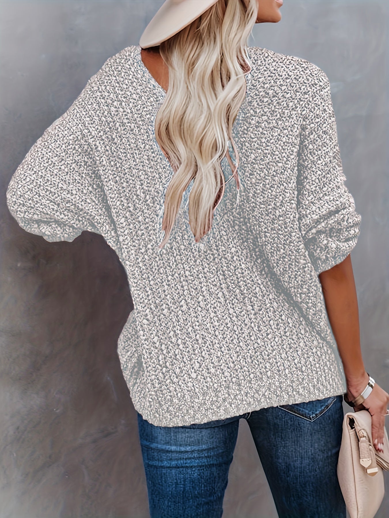 Solid V Neck Knitted Pullover Top Casual Long Sleeve Sweater