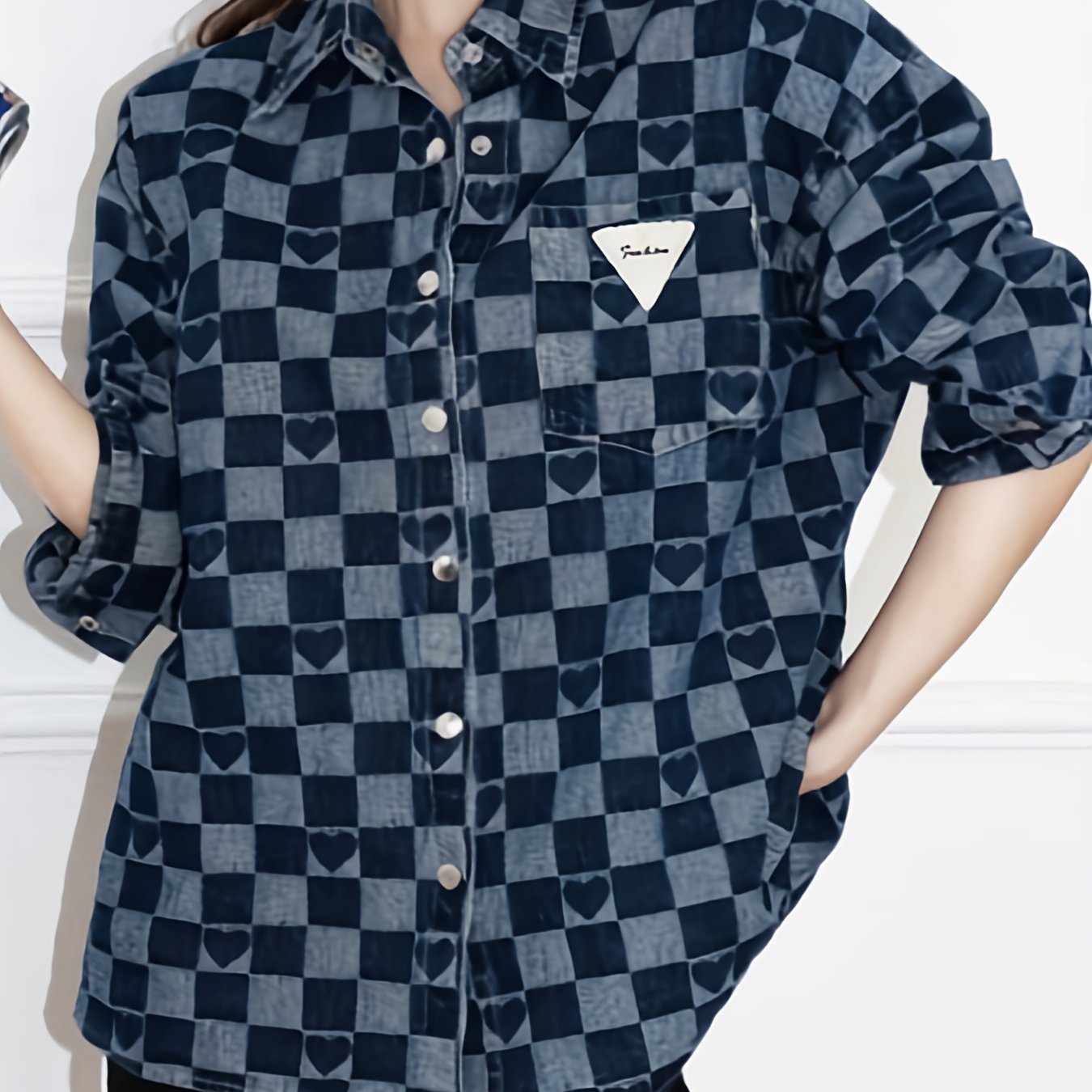 Checkerboard Print Denim Jackets Loose Fit Heart Pattern Denim Coats Women's