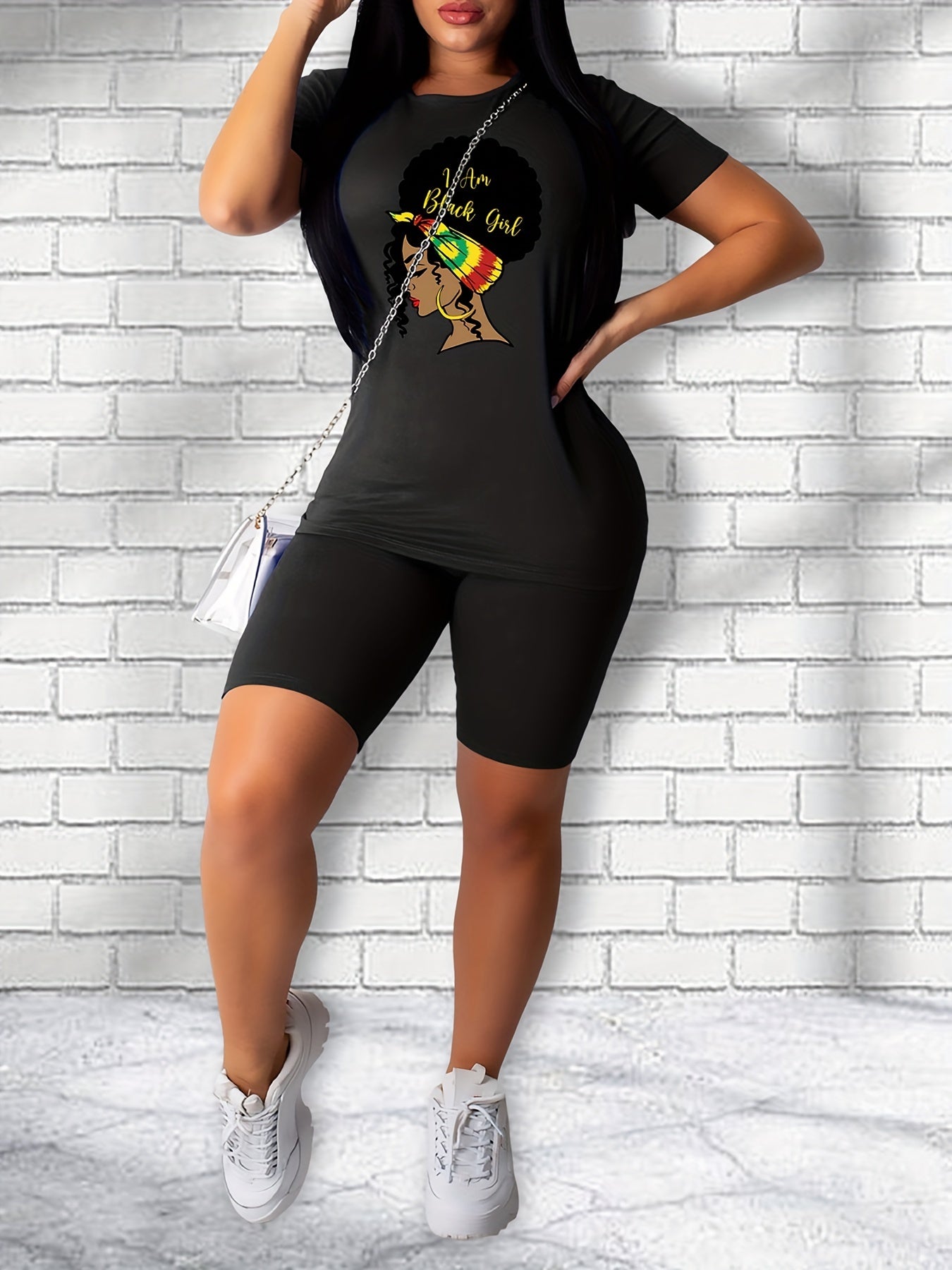 Girl Print Matching Two piece Casual Set Short Sleeve T shirt & Biker Shorts