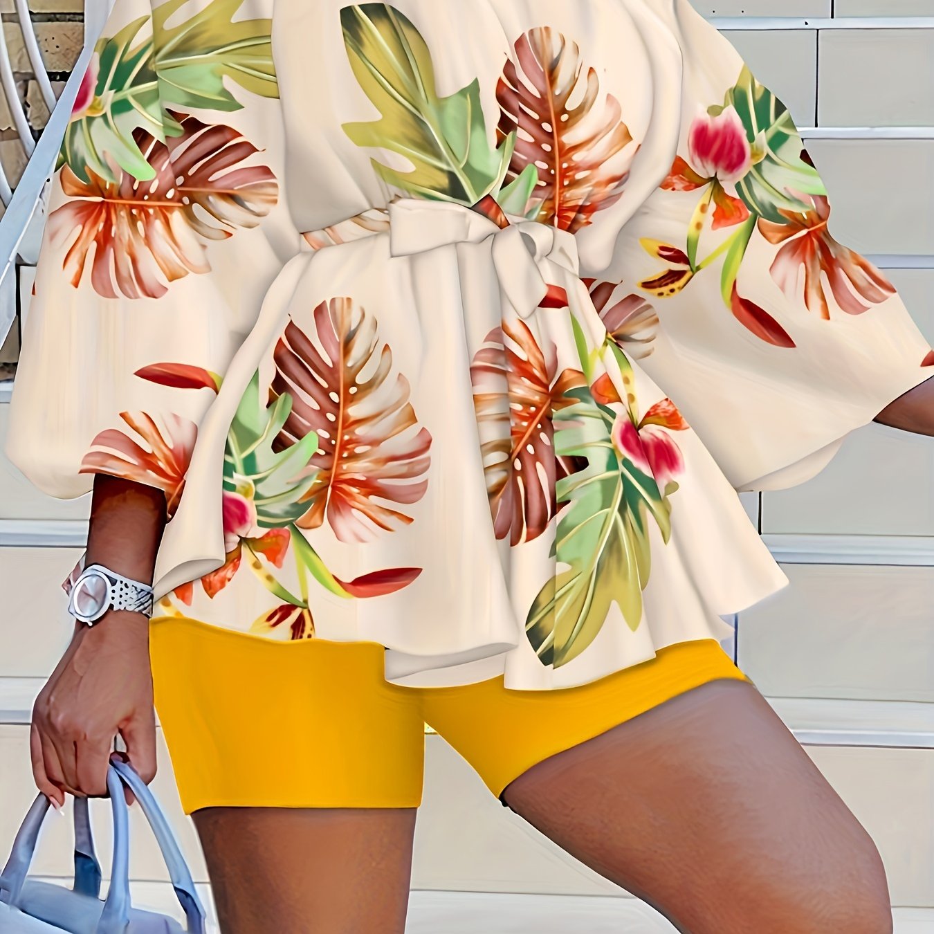 Tropical Print Off Shoulder Peplum Top & Shorts Set