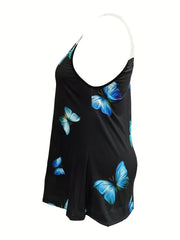 Butterfly Print Lace Panel Scoop Neck Tank Top