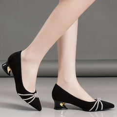 Rhinestone Knot Chunky Heel Point Toe Pumps