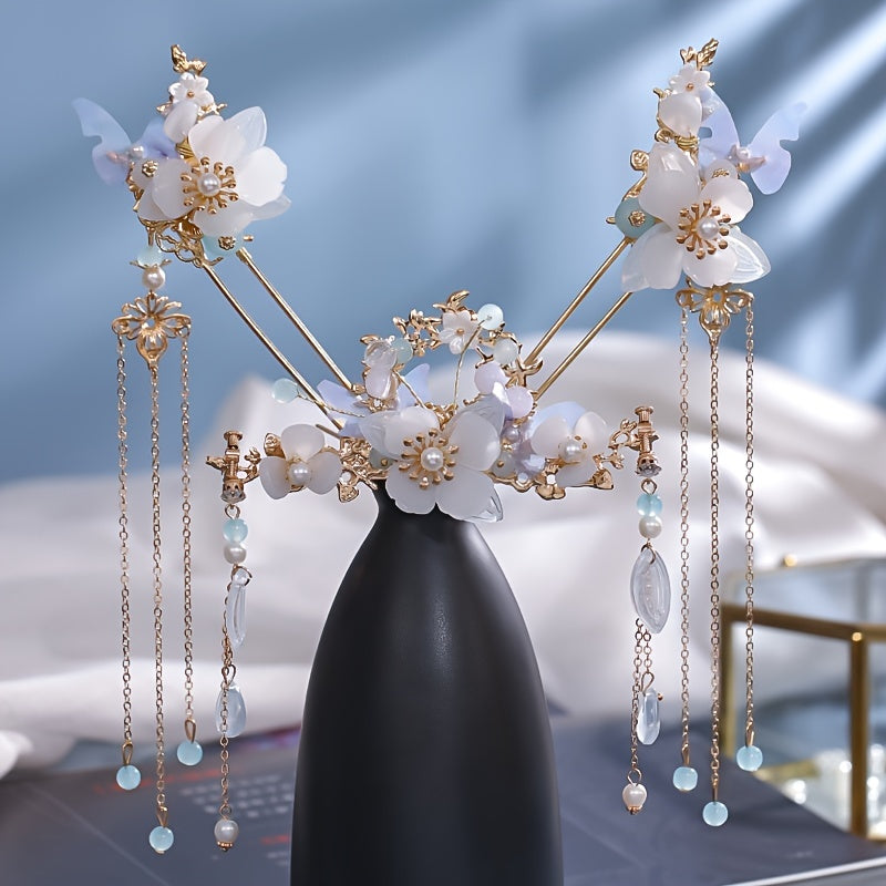 Chinese Hanfu Hair Accessory Set Tassel Flower Hairpin Earrings Jewelry