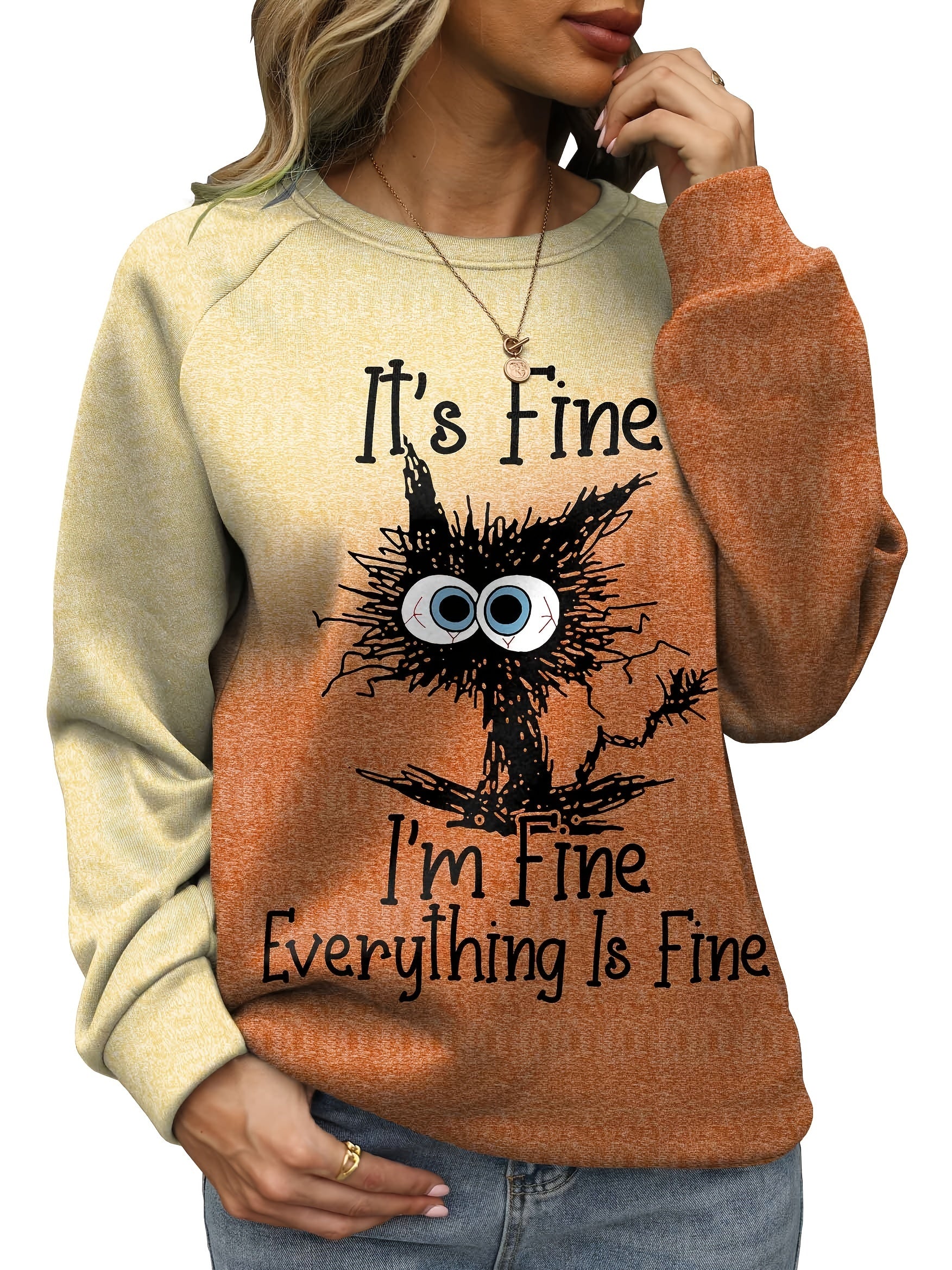 Cat & Letter Print Sweatshirt for Women