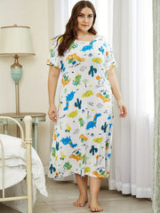 Dinosaur Print Nightdress Short Sleeve Sleep Dress