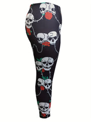 Rose Skull Print Sports Leggings Medium Stretch Fitness Leggings