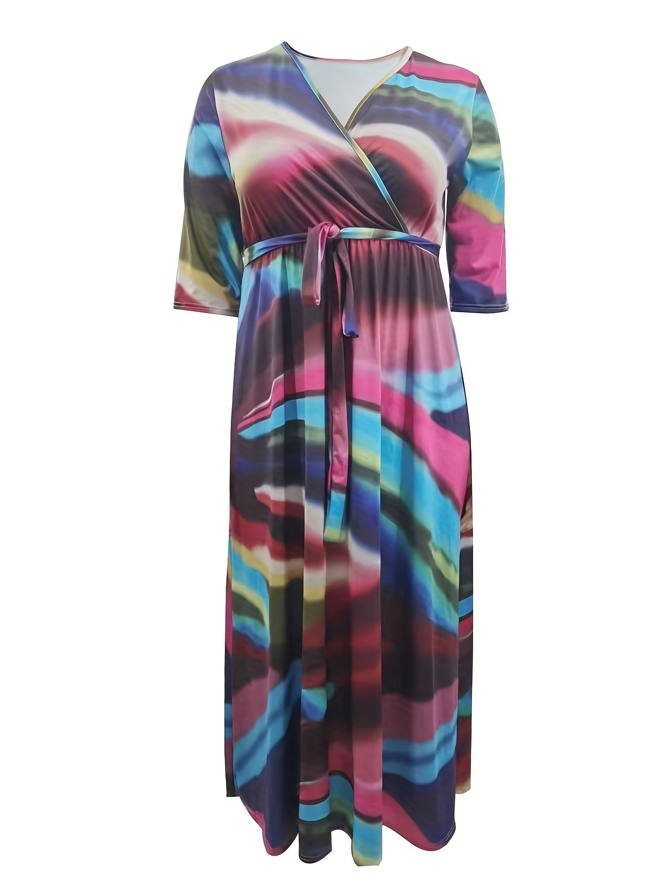 Women's Plus Ombre Print Half Sleeve Maxi Dress With Belt