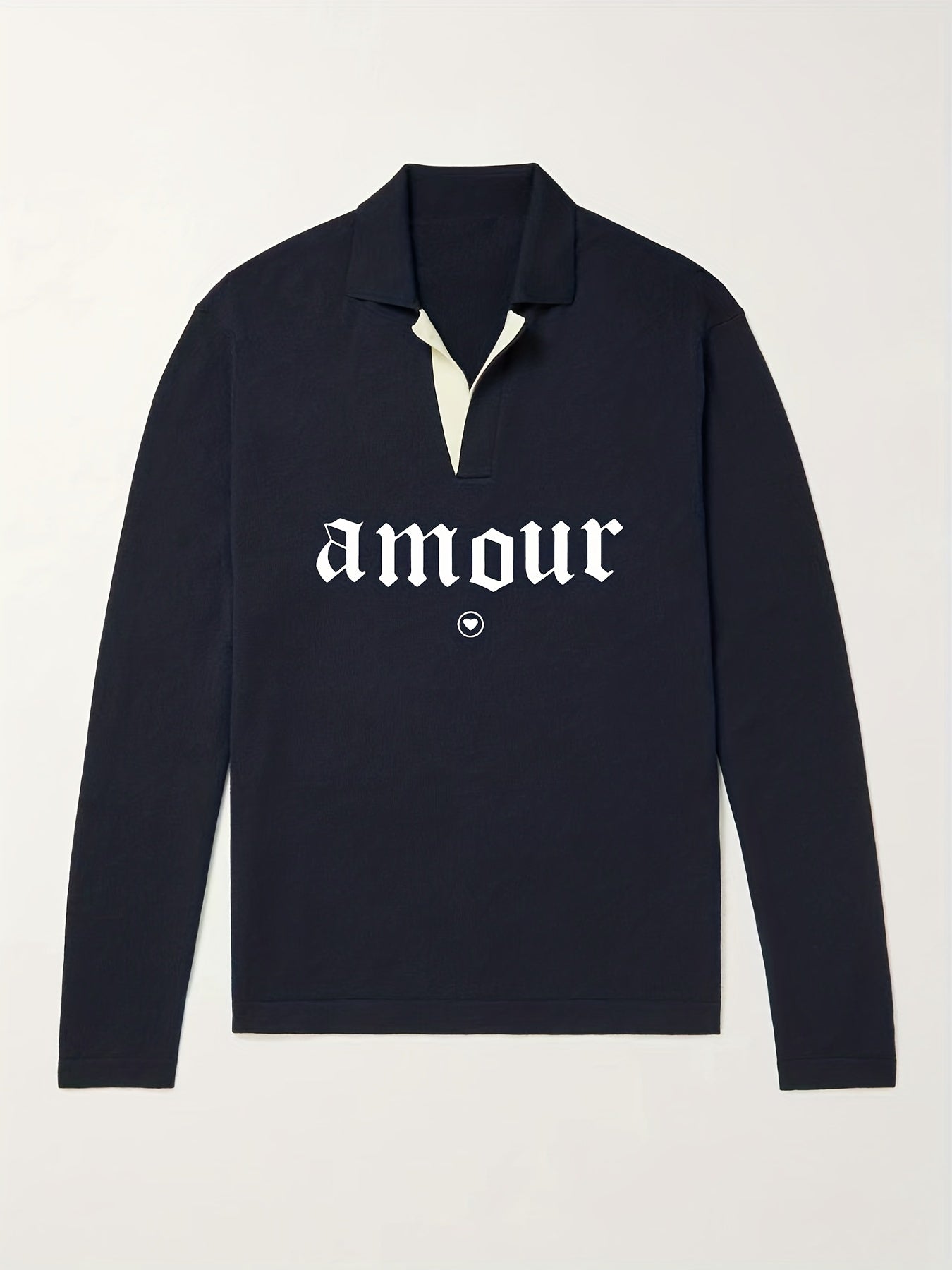 Amour Pattern Knit Polo Shirt Men's Casual Lapel Stretch V Neck Pullover Sweater