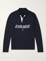 Amour Pattern Knit Polo Shirt Men's Casual Lapel Stretch V Neck Pullover Sweater