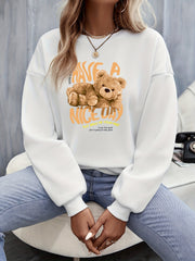 Bear & Slogan Print Crew Neck Sweatshirt for Women