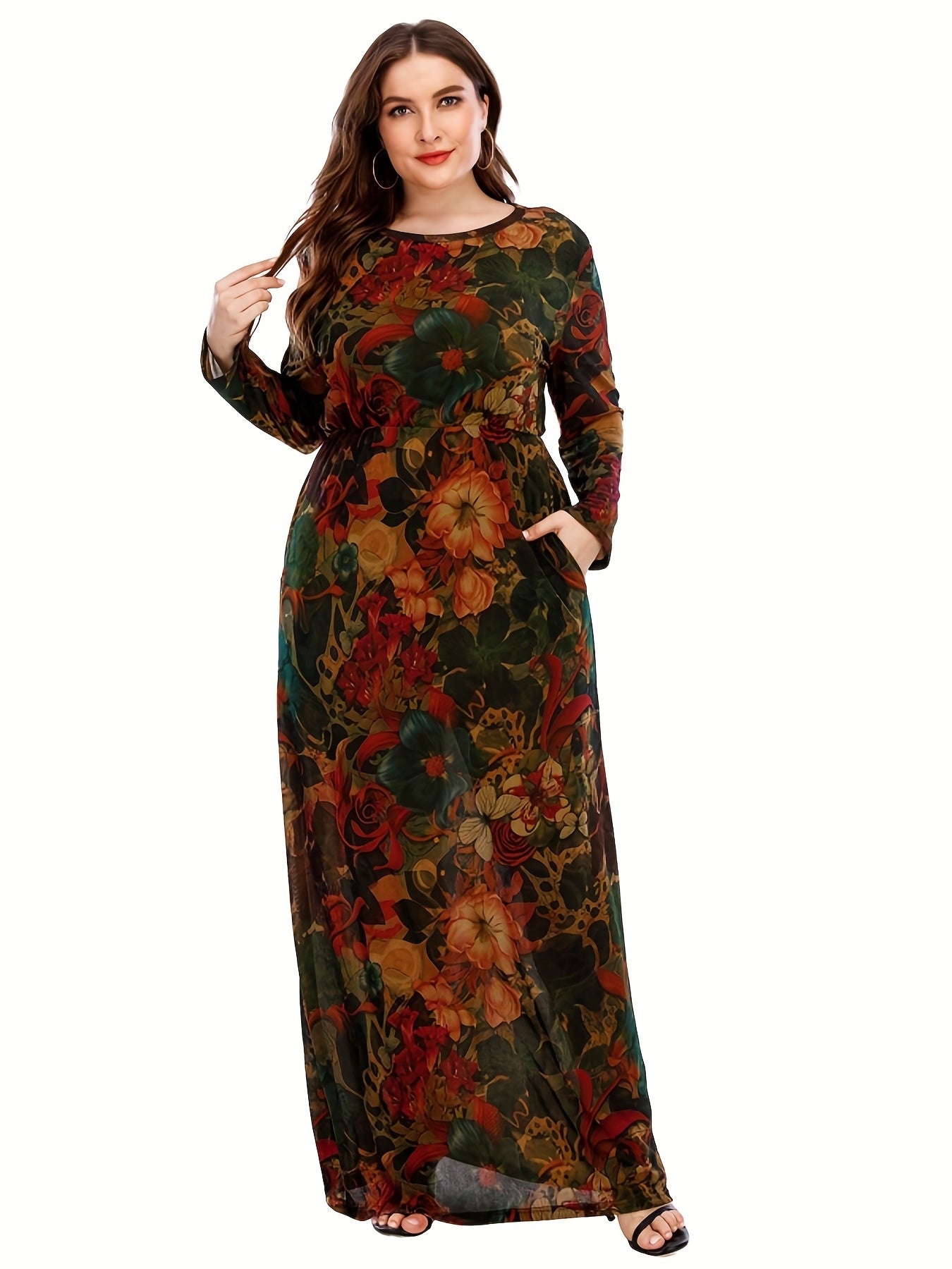 Allover Print Long Sleeve Maxi Dress With Pockets
