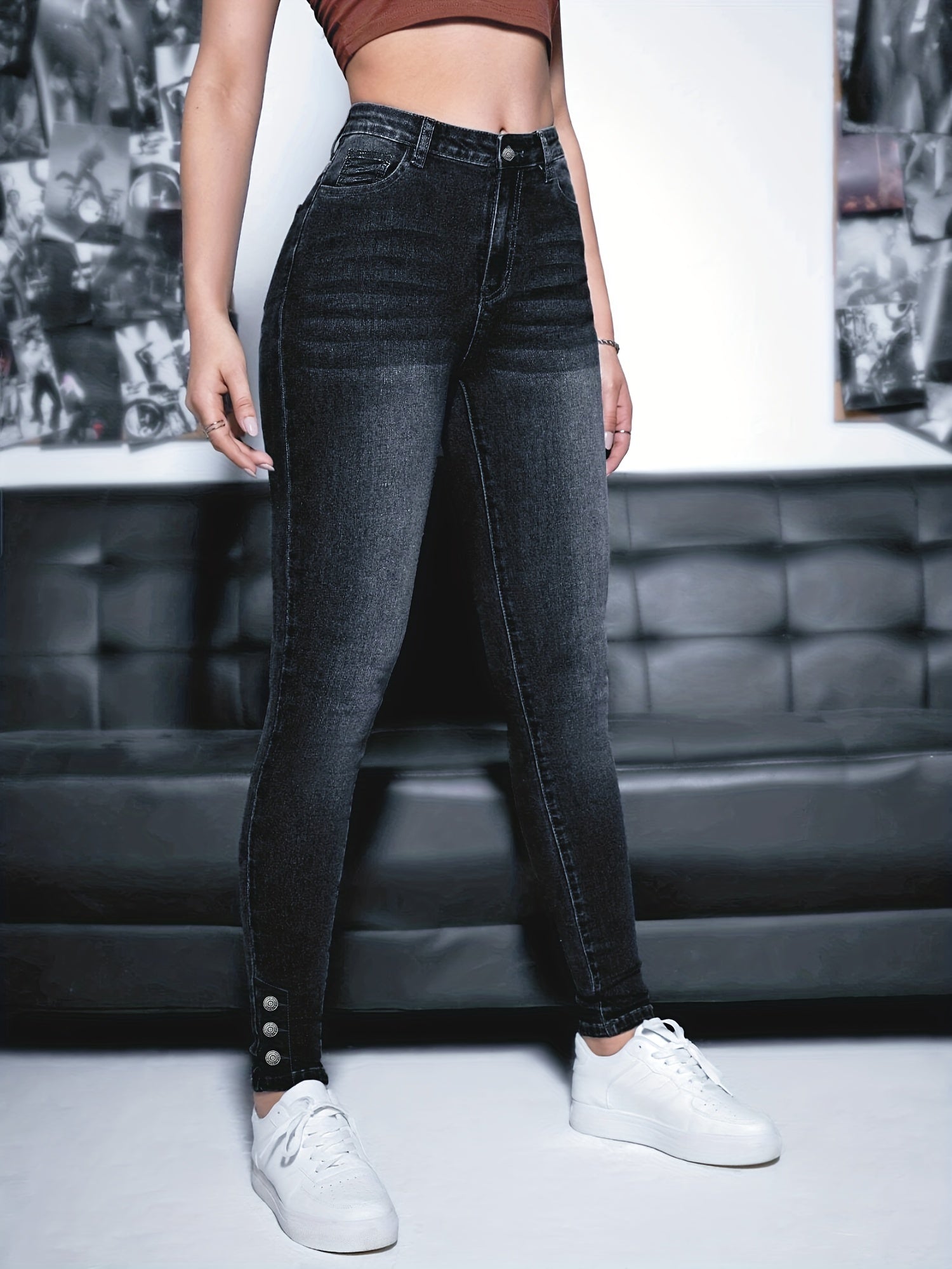 High Rise Skinny Jeans High Stretch Slash Pocket Denim Pants