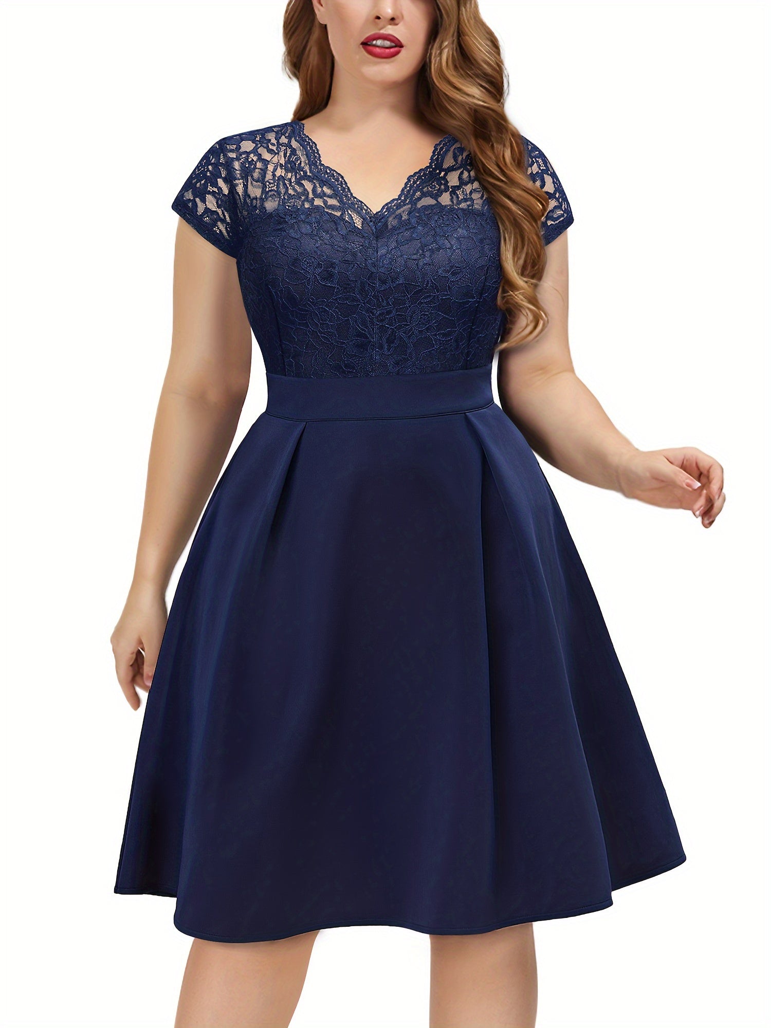 Contrast Lace Cap Sleeve V Neck A Line Dress