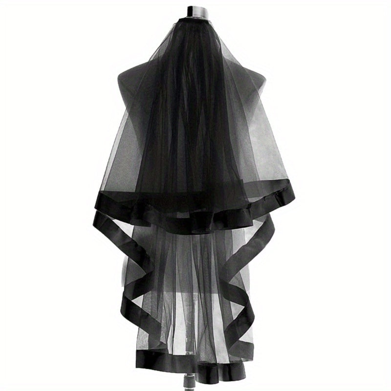 Short Double Layer Bridal Veil with Ribbon Fairy Wedding Collar