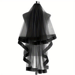 Short Double Layer Bridal Veil with Ribbon Fairy Wedding Collar