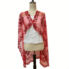 Red Sequin Embroidery Shawl Square Scarf Cape for Wedding Bridal