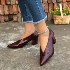 Women's Snakeskin Chunky Heel Point Toe Pumps