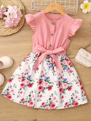 Toddler Girls Ruffled Sleeve Floral Princess Dress for Party Beach Vacation