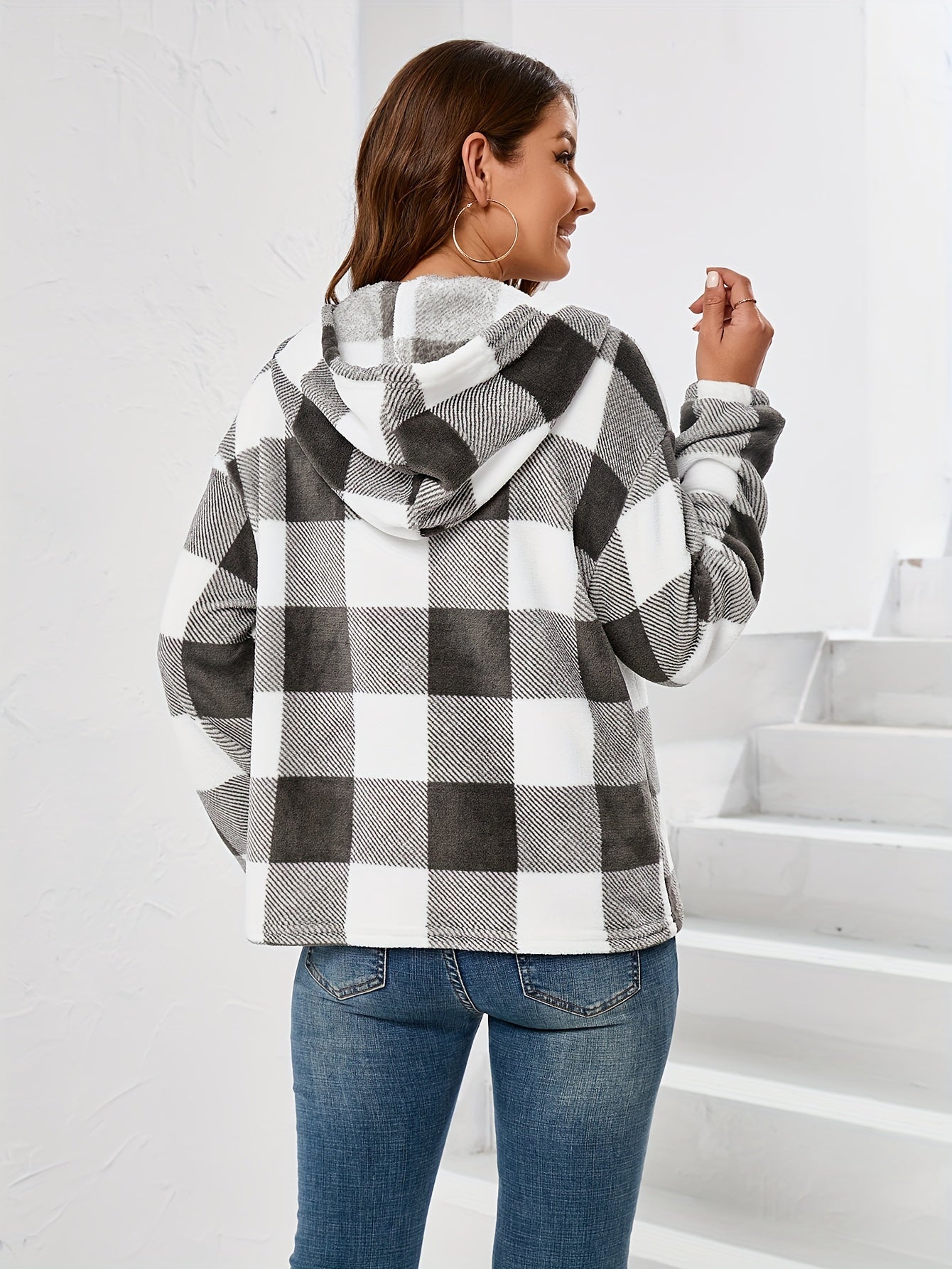 Plaid Button Front Hoodie Long Sleeve Sweatshirt
