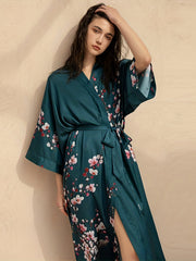 Floral Print Satin Night Robe V Neck House Robe Women's Sleepwear