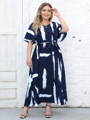 Plus Size Brush Print Short Sleeve V Neck Maxi Dress With Belt