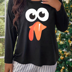 Turkey Print Long Sleeve Round Neck Loungewear Tee