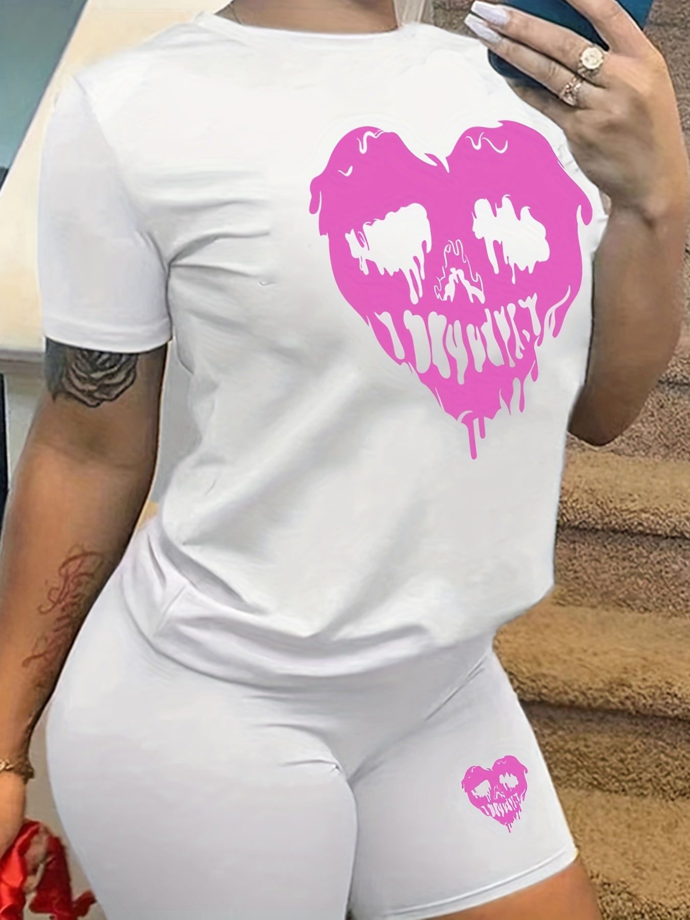 Heart Graphic Print Two piece Set Short Sleeve T shirt & Biker Shorts