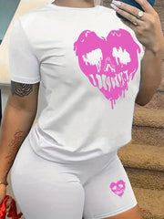 Heart Graphic Print Two piece Set Short Sleeve T shirt & Biker Shorts