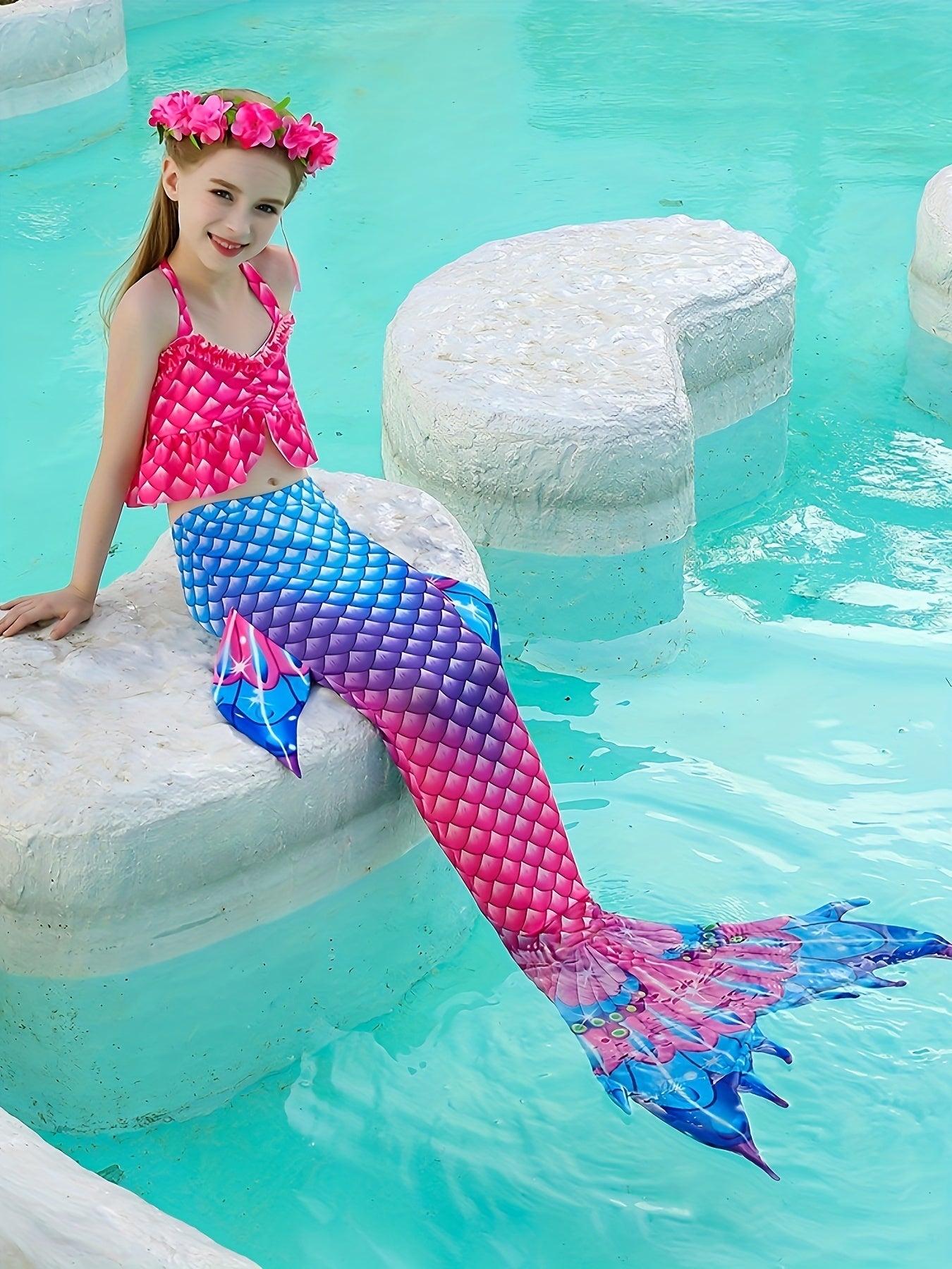 3pcs Mermaid Swimsuit Set & Tail in Tie Dye Fish Scale