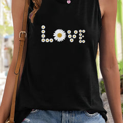 Floral & Abstract Love Print Sleeveless Sports Vest Round Neck Stretchy