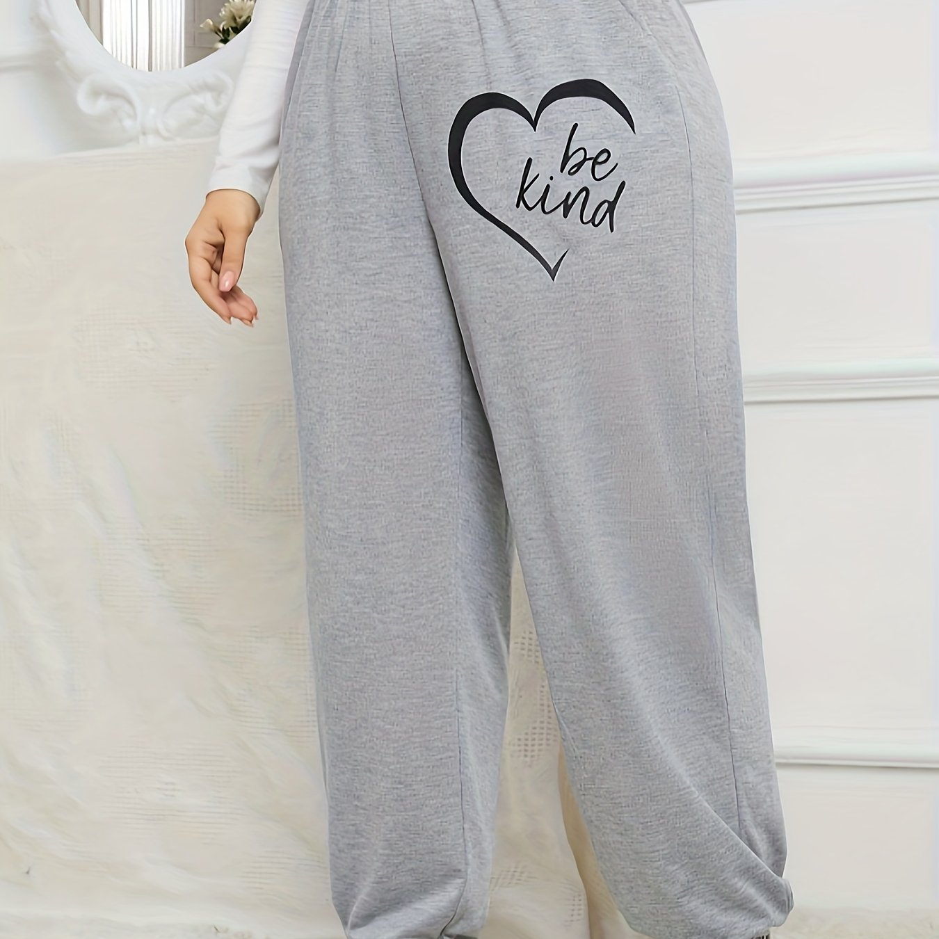 Women's Plus Size Sporty Pants Heart & Slogan Print Elastic Waist