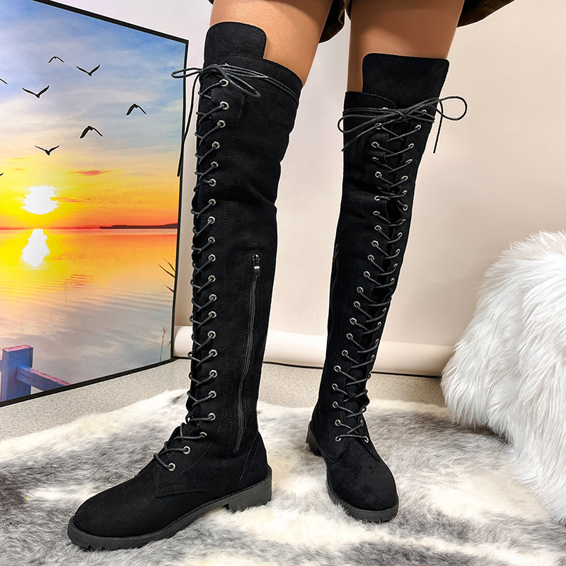 Women's Lace Up Over The Knee Boots Chunky Low Heel Shoes